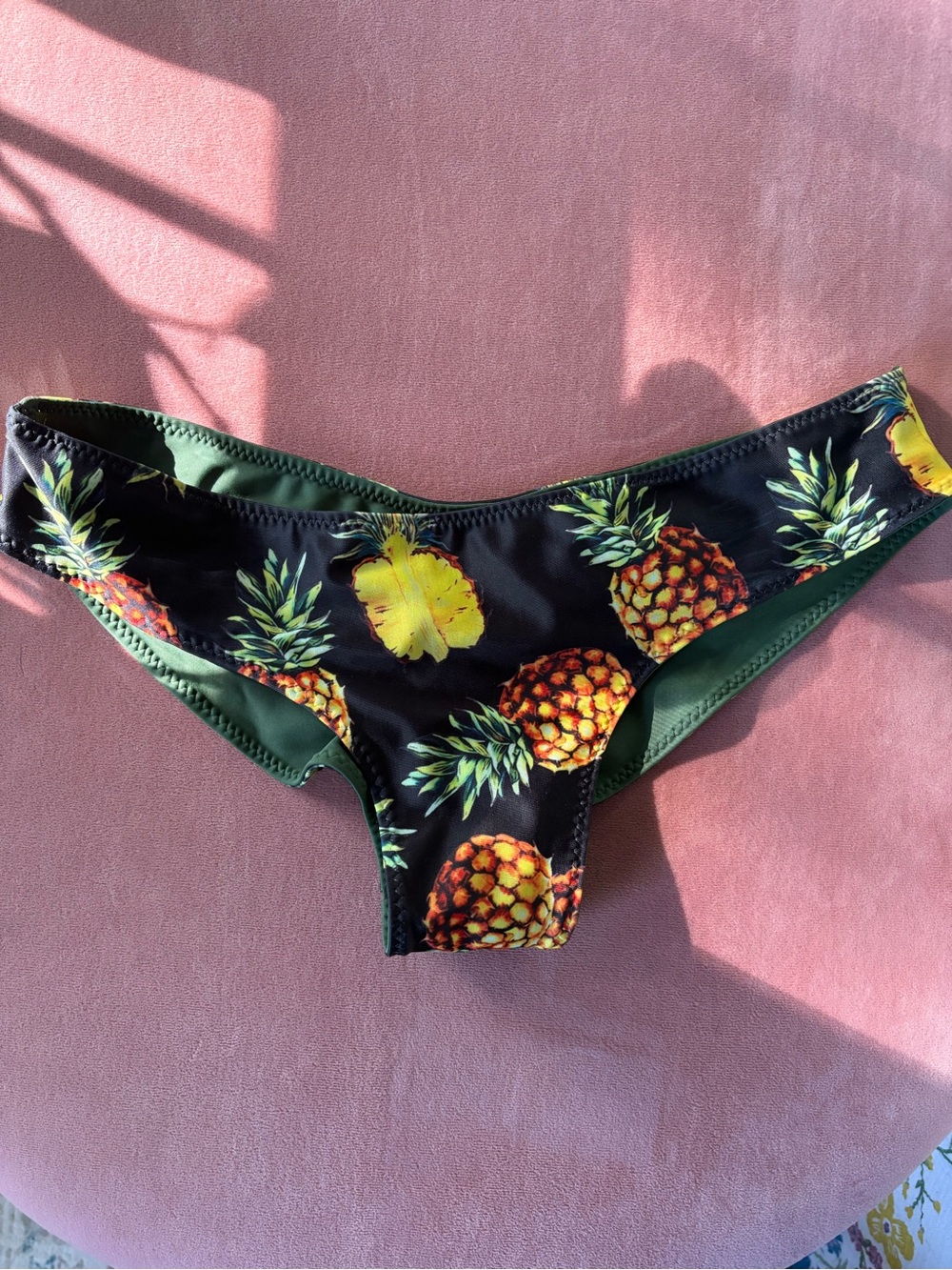 Pineapple Print Low-Rise Bikini Bottoms — Black & Green
